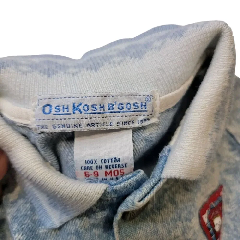 OshKosh B'Gosh Vintage One Piece Baby 6-9M Blue Collared Acid Wash Snap Retro